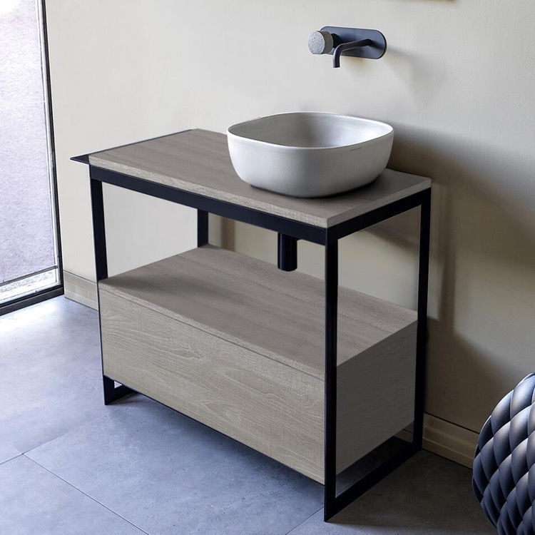 Scarabeo 1806-SOL3-88-No Hole Console Sink Vanity With Ceramic Vessel Sink and Grey Oak Drawer